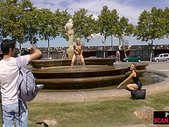 Public deepthroating BDSM slut sucks 2 cocks outdoor