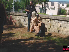 Public deepthroating BDSM slut sucks 2 cocks outdoor