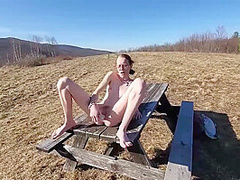 Everyones Perfect Little Slut Sarah Evans Fucks Herself With A Blue Dildo On A Public Picnic Table