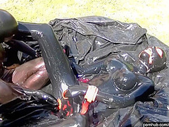 Two Latex Lesbian Bitches Enjoy The Hot Summer Outdoor With Dildo Games On Her Rubber Playground