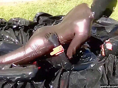 Two Latex Lesbian Bitches Enjoy The Hot Summer Outdoor With Dildo Games On Her Rubber Playground