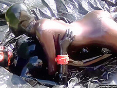 Two Latex Lesbian Bitches Enjoy The Hot Summer Outdoor With Dildo Games On Her Rubber Playground