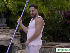 Stepsisters Give An Oral Show To Poolboy Before Sucking Cock