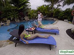 Stepsisters Give An Oral Show To Poolboy Before Sucking Cock