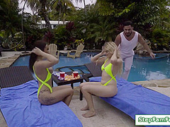 Stepsisters Give An Oral Show To Poolboy Before Sucking Cock