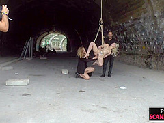 Public fucked babe fisted n mouthjizzed in front of voyeurs