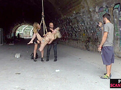 Public fucked babe fisted n mouthjizzed in front of voyeurs