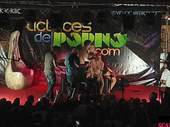 Public fisted MILF squirting for audience during orgy