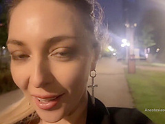 Street Pick Up Of Shameless Slut. Stranger Knead Her Boobs Right In Public Park