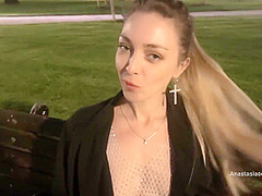 Street Pick Up Of Shameless Slut. Stranger Knead Her Boobs Right In Public Park