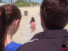 Scandalous slut walks naked outdoor in front of people
