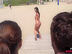 Scandalous slut walks naked outdoor in front of people