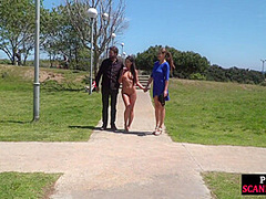 Scandalous slut walks naked outdoor in front of people