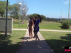 Scandalous slut walks naked outdoor in front of people