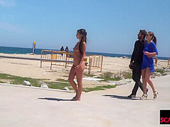 Scandalous slut walks naked outdoor in front of people
