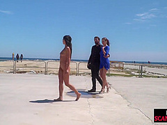 Scandalous slut walks naked outdoor in front of people
