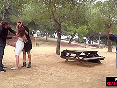 Trapped perverted bae seduced by BDSM fuckers outdoor