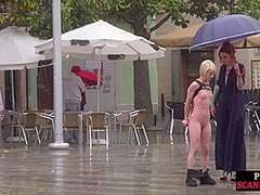 Public perverted naked slut seduced by BDSM lady outdoor