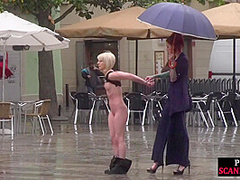 Public perverted naked slut seduced by BDSM lady outdoor