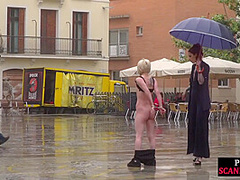 Public perverted naked slut seduced by BDSM lady outdoor