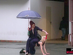 Public perverted naked slut seduced by BDSM lady outdoor