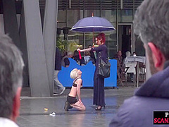 Public perverted naked slut seduced by BDSM lady outdoor