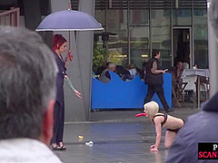 Public perverted naked slut seduced by BDSM lady outdoor