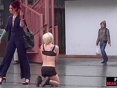 Public perverted naked slut seduced by BDSM lady outdoor