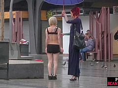 Public perverted naked slut seduced by BDSM lady outdoor