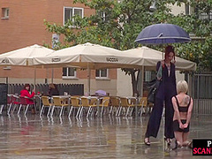 Public perverted naked slut seduced by BDSM lady outdoor