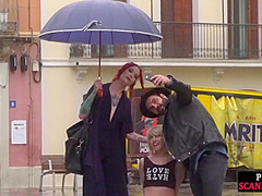Public perverted naked slut seduced by BDSM lady outdoor