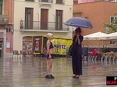 Public perverted naked slut seduced by BDSM lady outdoor