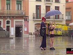 Public perverted naked slut seduced by BDSM lady outdoor