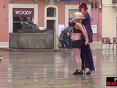 Public perverted naked slut seduced by BDSM lady outdoor