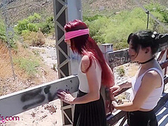 Sexy Redhead And Hot Brunette Get Fucked Outdoors