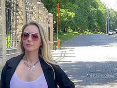 Midday Walk In A Transparent Bra In Public. Flashing Boobs