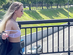 Midday Walk In A Transparent Bra In Public. Flashing Boobs
