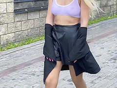Midday Walk In A Transparent Bra In Public. Flashing Boobs