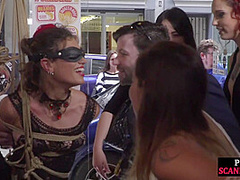 Public BDSM slut humiliated and spanked by audience