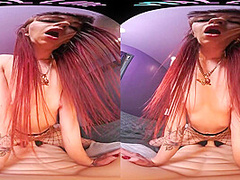 Tiny redhead rides her male sex doll in virtual reality