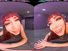 Tiny redhead rides her male sex doll in virtual reality