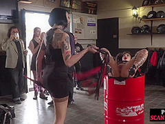 Public BDSM fucked and humiliated in front of voyeurs