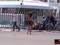 Public naked slut whipped outdoor by master and domina