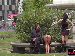 Public naked slut whipped outdoor by master and domina
