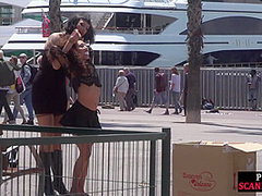 Public naked slut whipped outdoor by master and domina