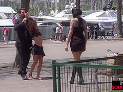 Public naked slut whipped outdoor by master and domina