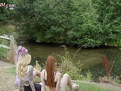 CFNM femdom ladies deepthroating cock outdoor in public