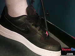 Voyeur CFNM babes draw man who wanks cock on them both