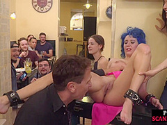Public deepthroating slut 3way fucked in front of voyeurs