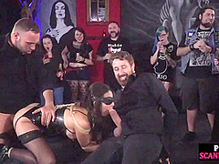 BDSM public babe fucked and covered with cum 4 voyeurs